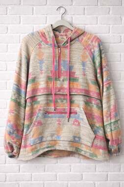 Women's Aztec Print Western Ethnic Half Zip Pullover Hoodie Sweatshirt
